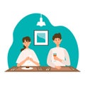 Vector illustration of a couple enjoy the food and drink more with less talk. Concept art for Ã¢â¬ËTraveling in the New Normal Royalty Free Stock Photo